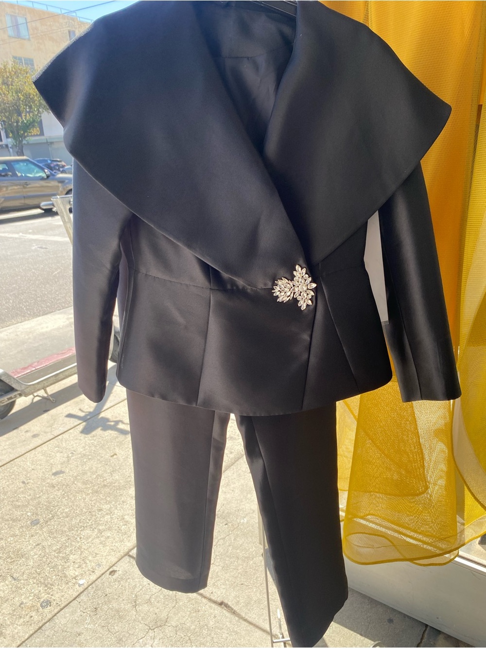 Black Satin Two-Piece Suit with Crystal Brooch